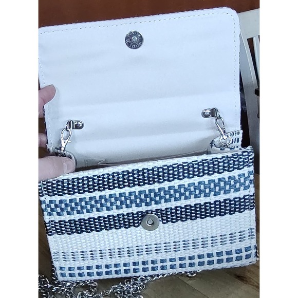 Teal Blue & Cream Stripe, Faux Rattan Square Mini Crossbody Purse - Picture 3 of 10